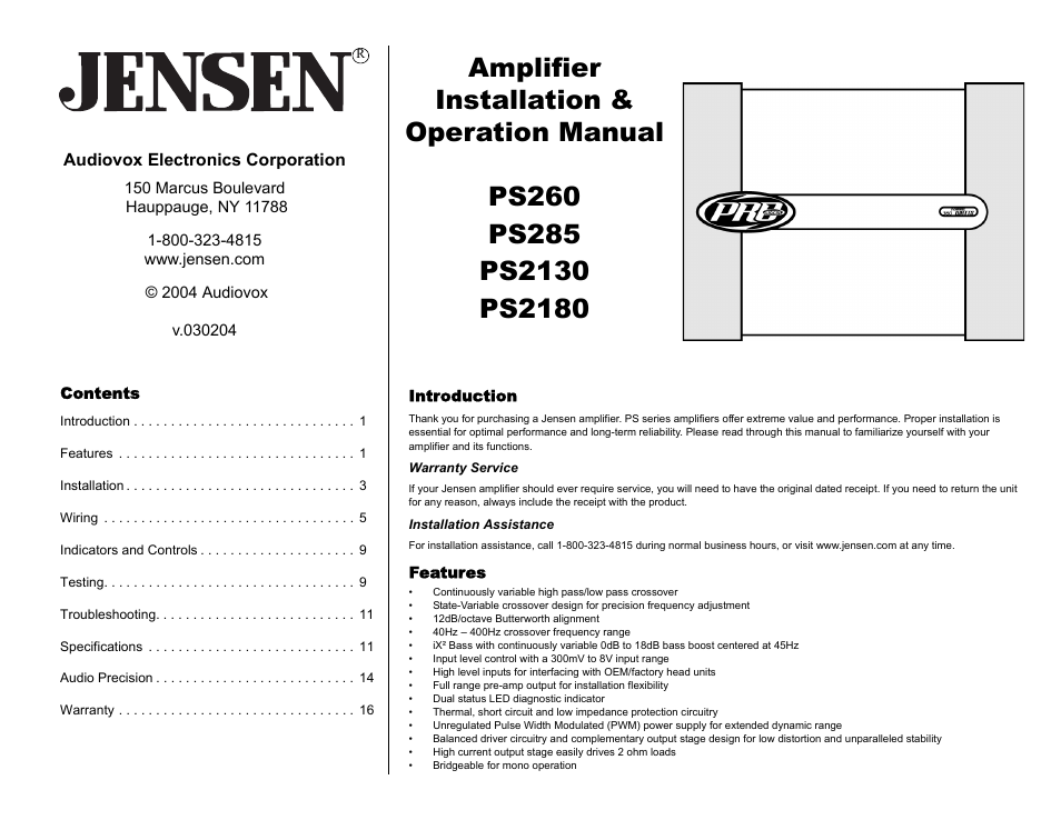 Audiovox Jensen PS2130 User Manual | 16 pages