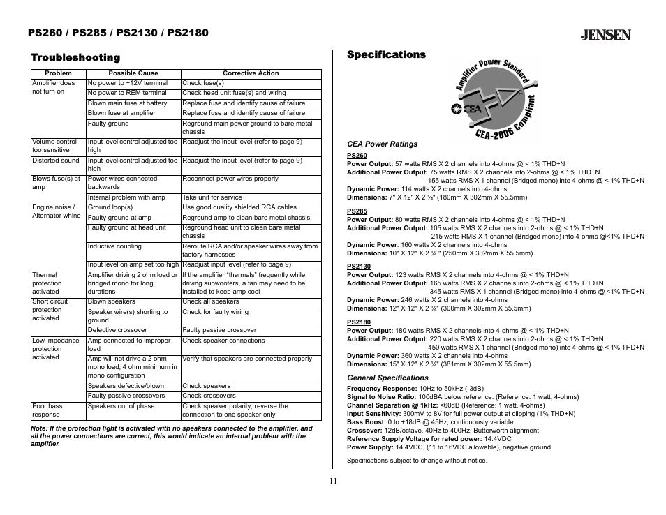 Troubleshooting, Specifications, Cea power ratings | General specifications | Audiovox Jensen PS2130 User Manual | Page 11 / 16