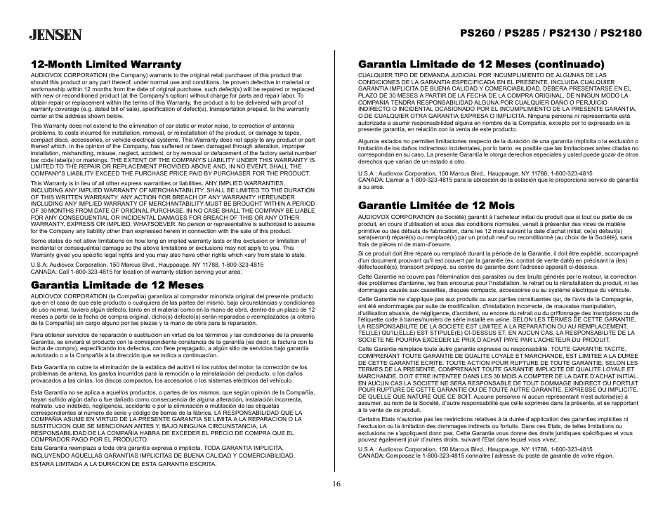 Month limited warranty, Garantia limitade de 12 meses, Garantia limitade de 12 meses (continuado) | Garantie limitée de 12 mois | Audiovox Jensen PS2130 User Manual | Page 16 / 16