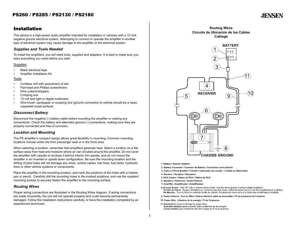 Installation, Supplies and tools needed, Disconnect battery | Location and mounting, Routing wires | Audiovox Jensen PS2130 User Manual | Page 3 / 16