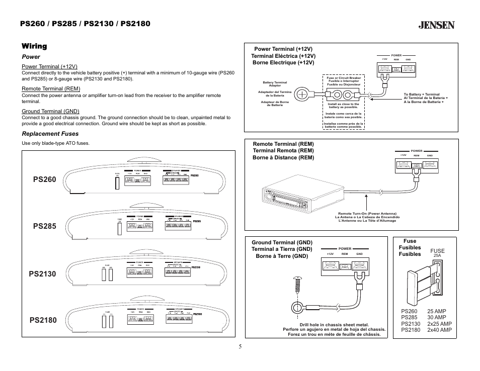 Wiring, Power, Replacement fuses | Audiovox Jensen PS2130 User Manual | Page 5 / 16