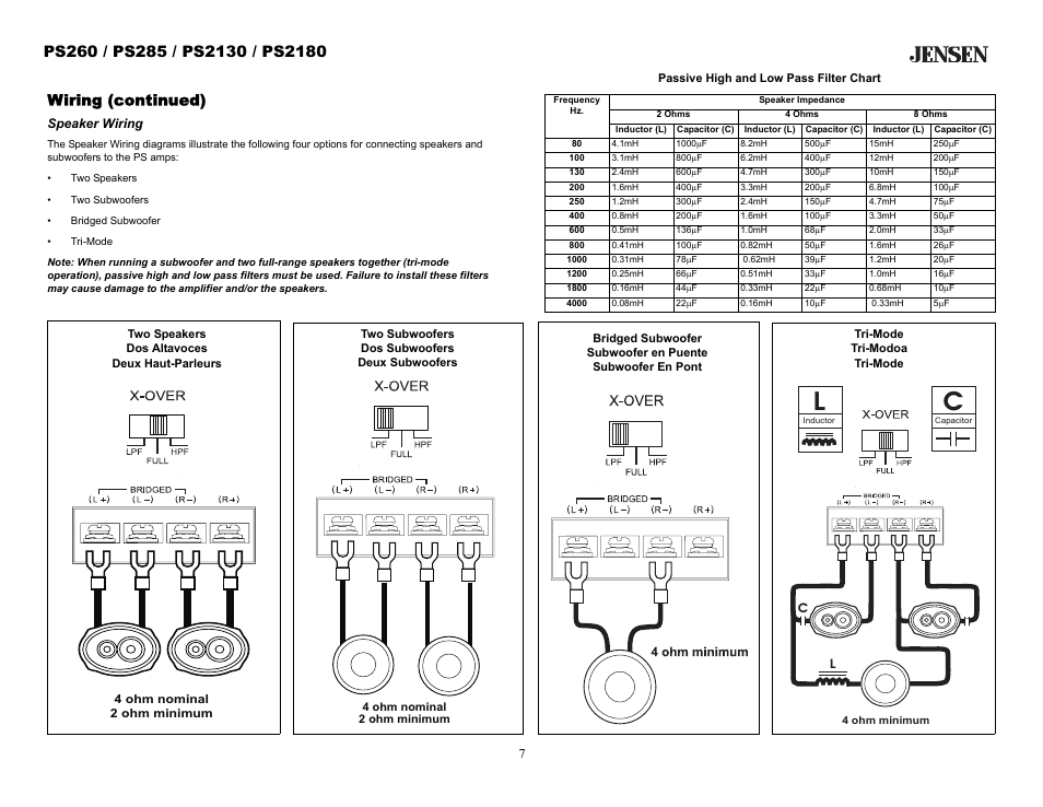 Wiring (continued), Speaker wiring | Audiovox Jensen PS2130 User Manual | Page 7 / 16