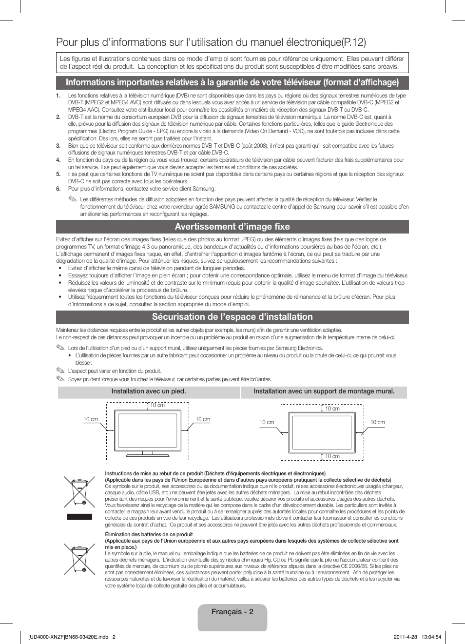 Avertissement d’image fixe, Sécurisation de l’espace d’installation | Samsung UE19D4010NW User Manual | Page 18 / 65