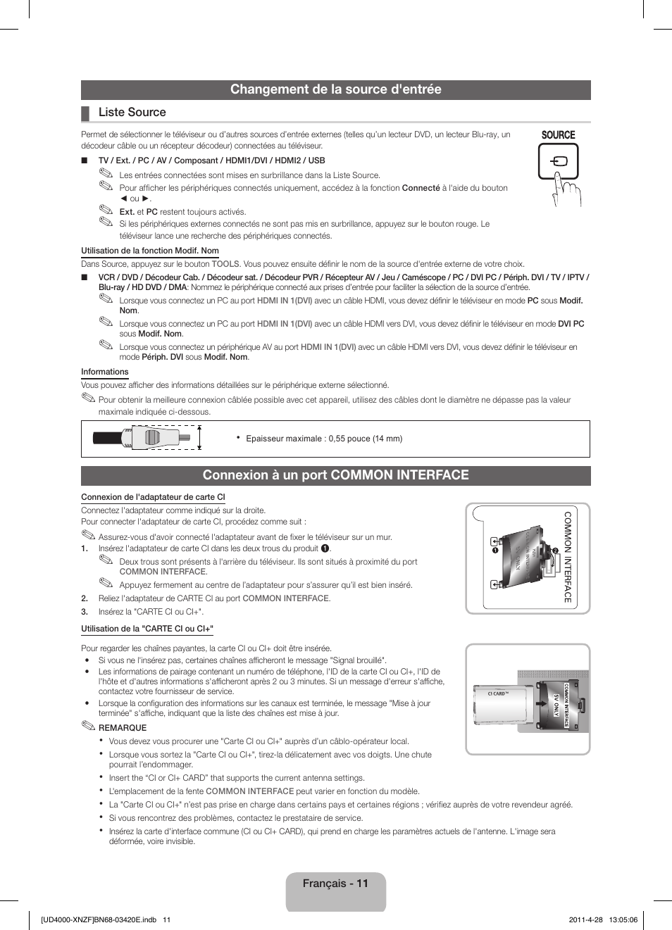 Changement de la source d'entrée, Connexion à un port common interface | Samsung UE19D4010NW User Manual | Page 27 / 65