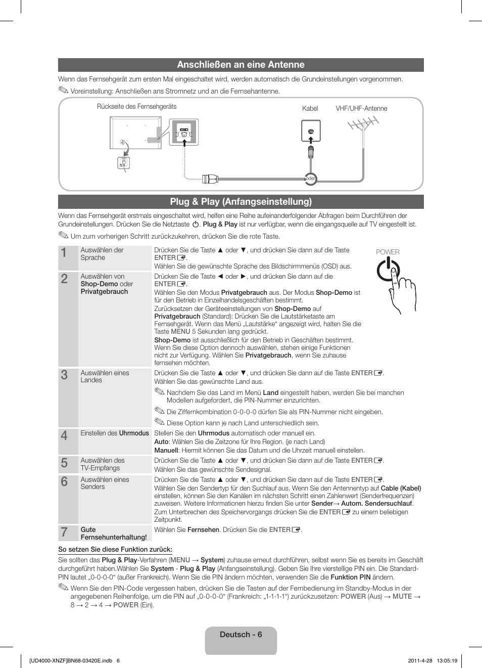 Anschließen an eine antenne, Plug & play (anfangseinstellung) | Samsung UE19D4010NW User Manual | Page 38 / 65
