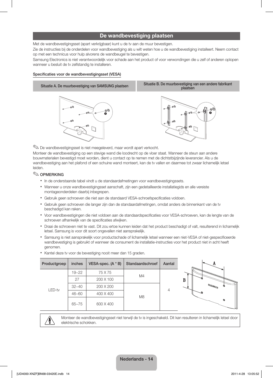 De wandbevestiging plaatsen | Samsung UE19D4010NW User Manual | Page 62 / 65