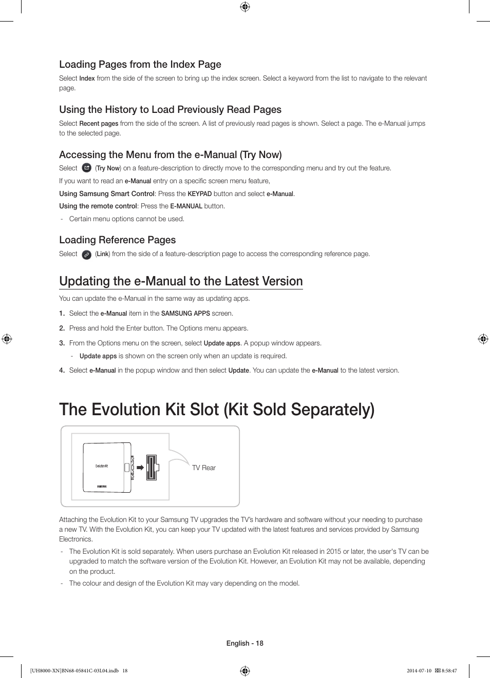 The evolution kit slot (kit sold separately), Updating the e-manual to the latest version, Loading pages from the index page | Using the history to load previously read pages, Accessing the menu from the e-manual (try now), Loading reference pages | Samsung UE55H8000SL User Manual | Page 18 / 89