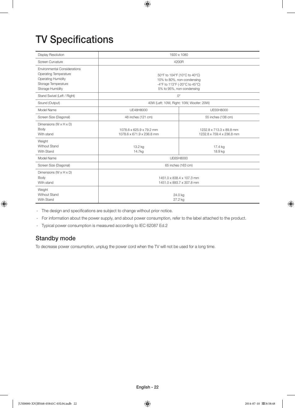 Tv specifications, Standby mode | Samsung UE55H8000SL User Manual | Page 22 / 89