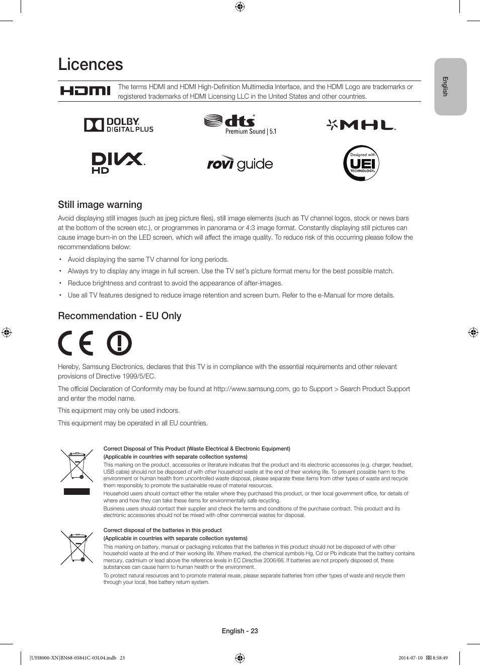 Licences, Still image warning, Recommendation - eu only | Samsung UE55H8000SL User Manual | Page 23 / 89