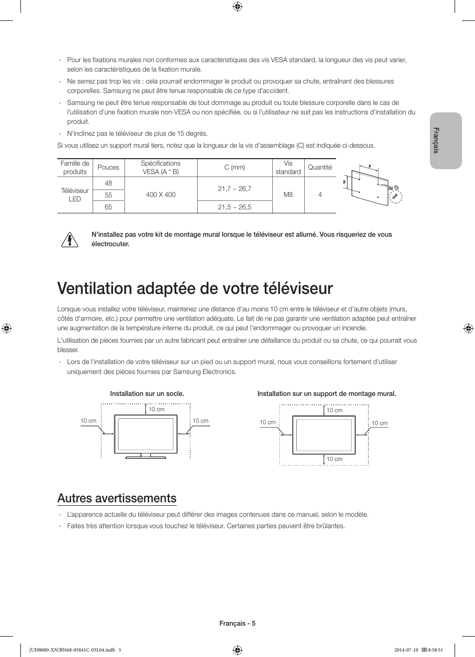 Ventilation adaptée de votre téléviseur, Autres avertissements | Samsung UE55H8000SL User Manual | Page 27 / 89