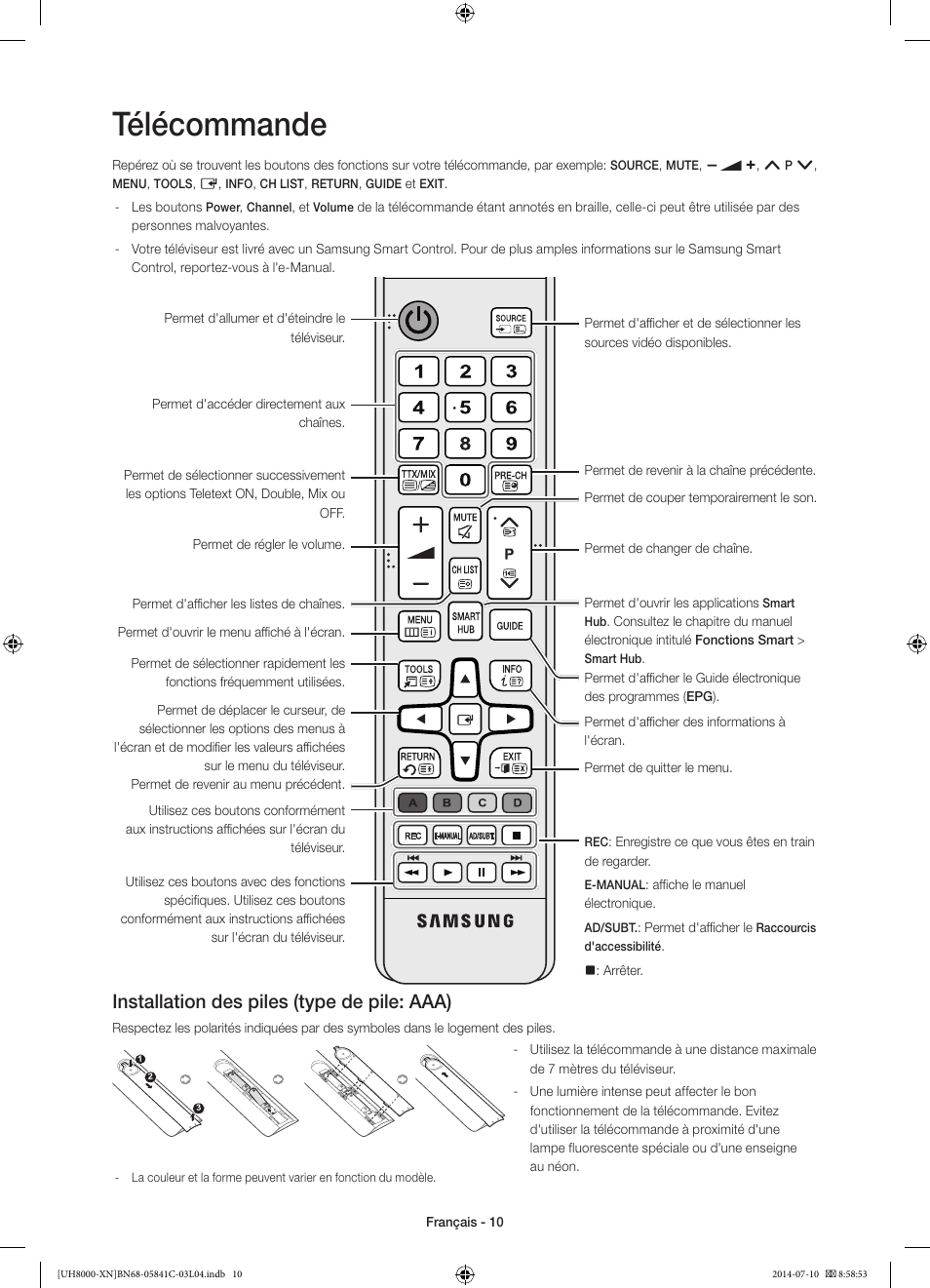 Télécommande, Installation des piles (type de pile: aaa) | Samsung UE55H8000SL User Manual | Page 32 / 89