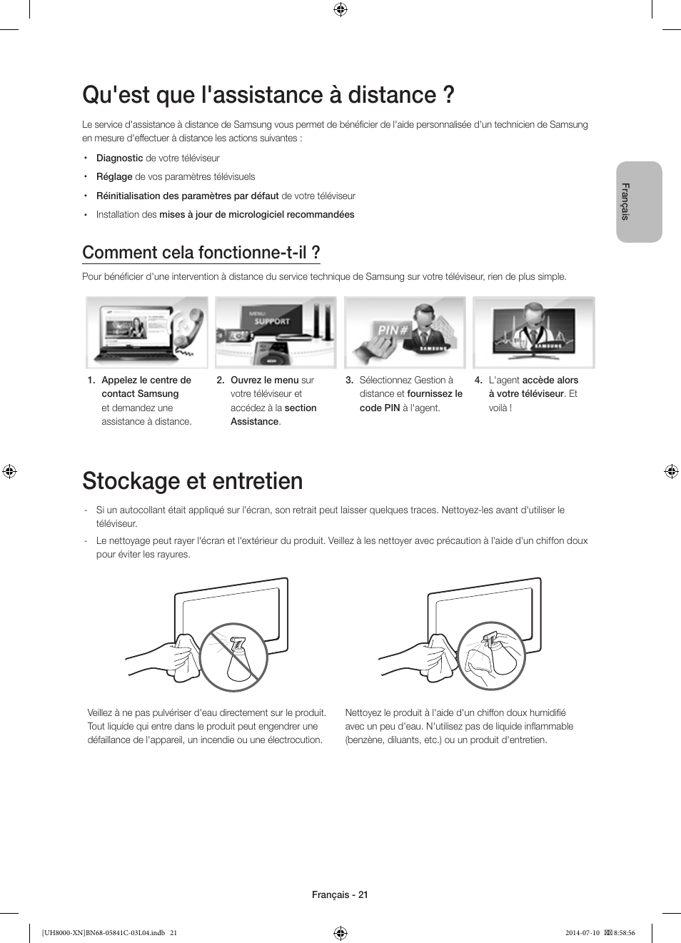 Qu'est que l'assistance à distance, Stockage et entretien, Comment cela fonctionne-t-il | Samsung UE55H8000SL User Manual | Page 43 / 89