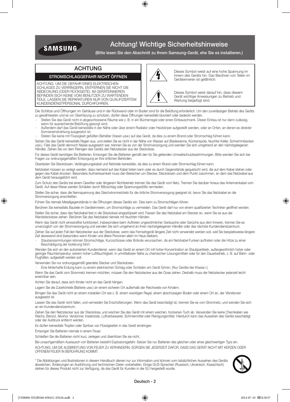 Achtung! wichtige sicherheitshinweise, Achtung | Samsung UE55H8000SL User Manual | Page 46 / 89