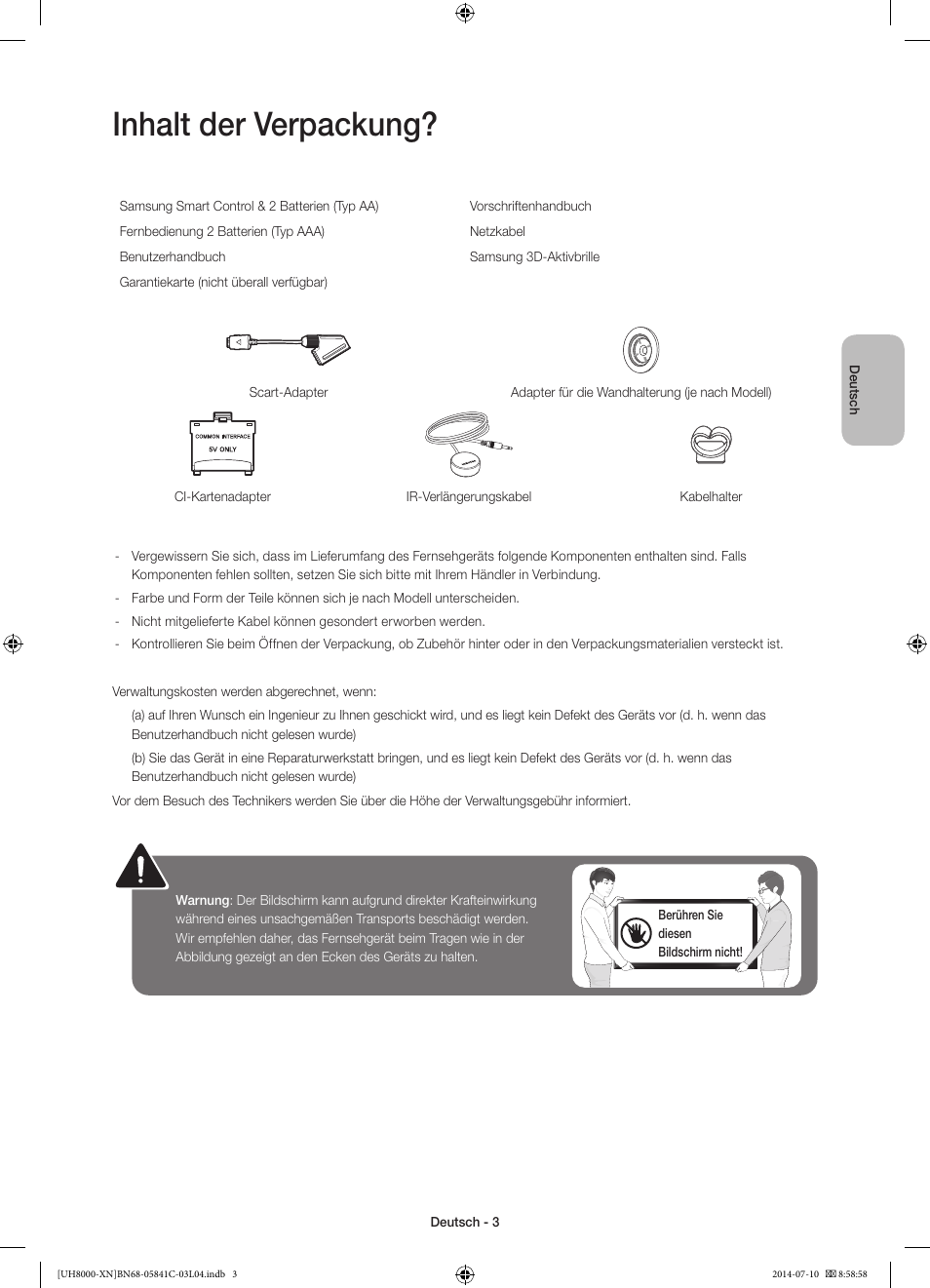 Inhalt der verpackung | Samsung UE55H8000SL User Manual | Page 47 / 89