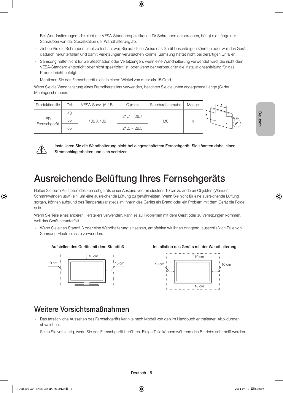 Ausreichende belüftung ihres fernsehgeräts, Weitere vorsichtsmaßnahmen | Samsung UE55H8000SL User Manual | Page 49 / 89