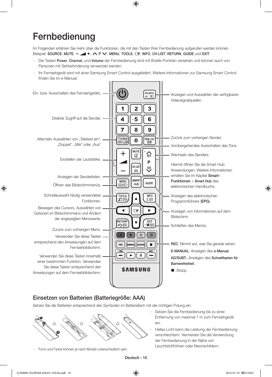 Fernbedienung, Einsetzen von batterien (batteriegröße: aaa) | Samsung UE55H8000SL User Manual | Page 54 / 89