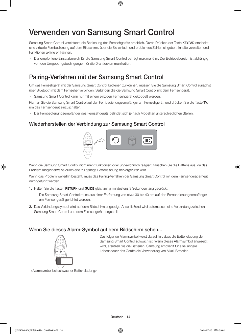 Verwenden von samsung smart control, Pairing-verfahren mit der samsung smart control | Samsung UE55H8000SL User Manual | Page 58 / 89