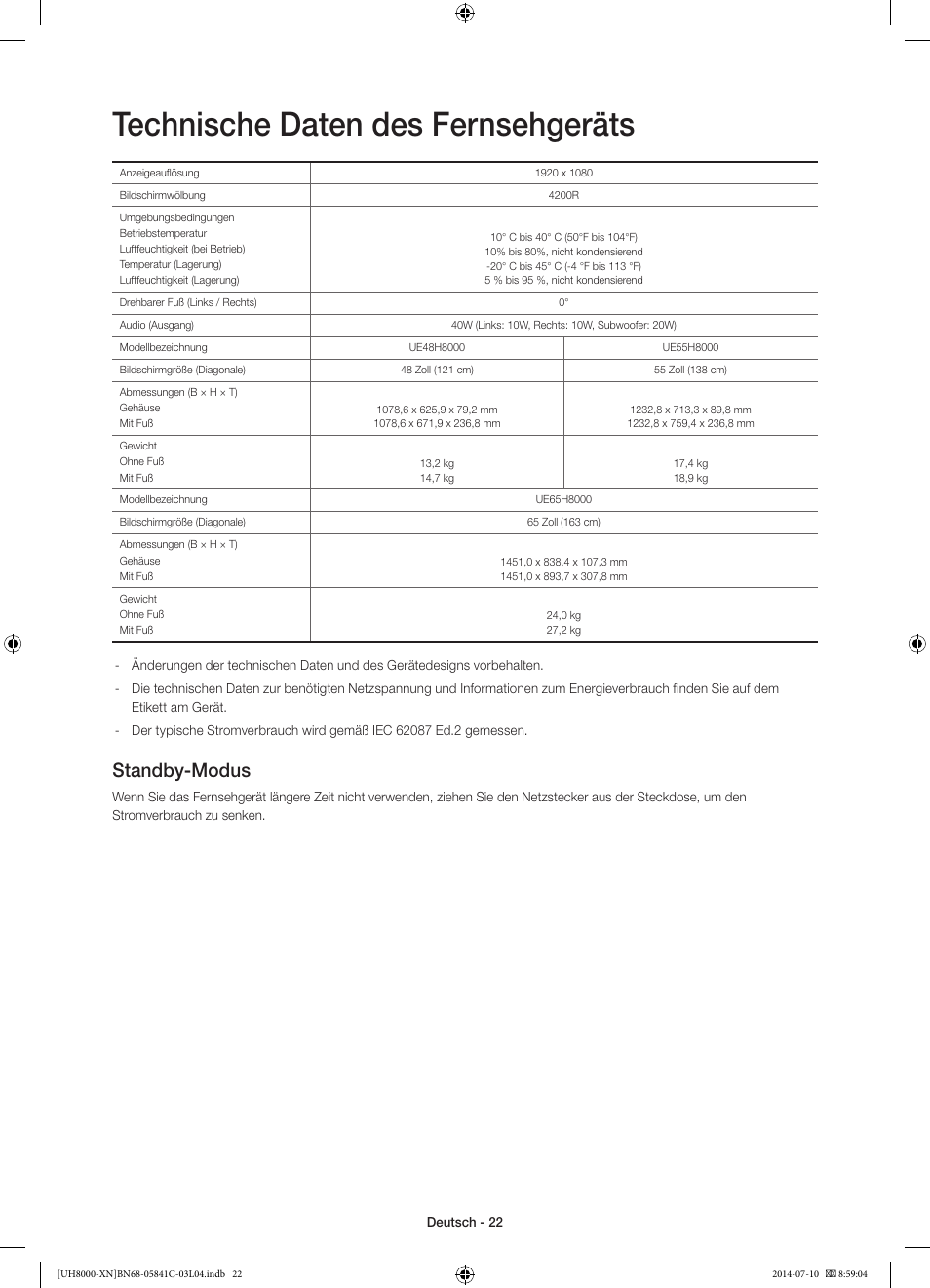 Technische daten des fernsehgeräts, Standby-modus | Samsung UE55H8000SL User Manual | Page 66 / 89