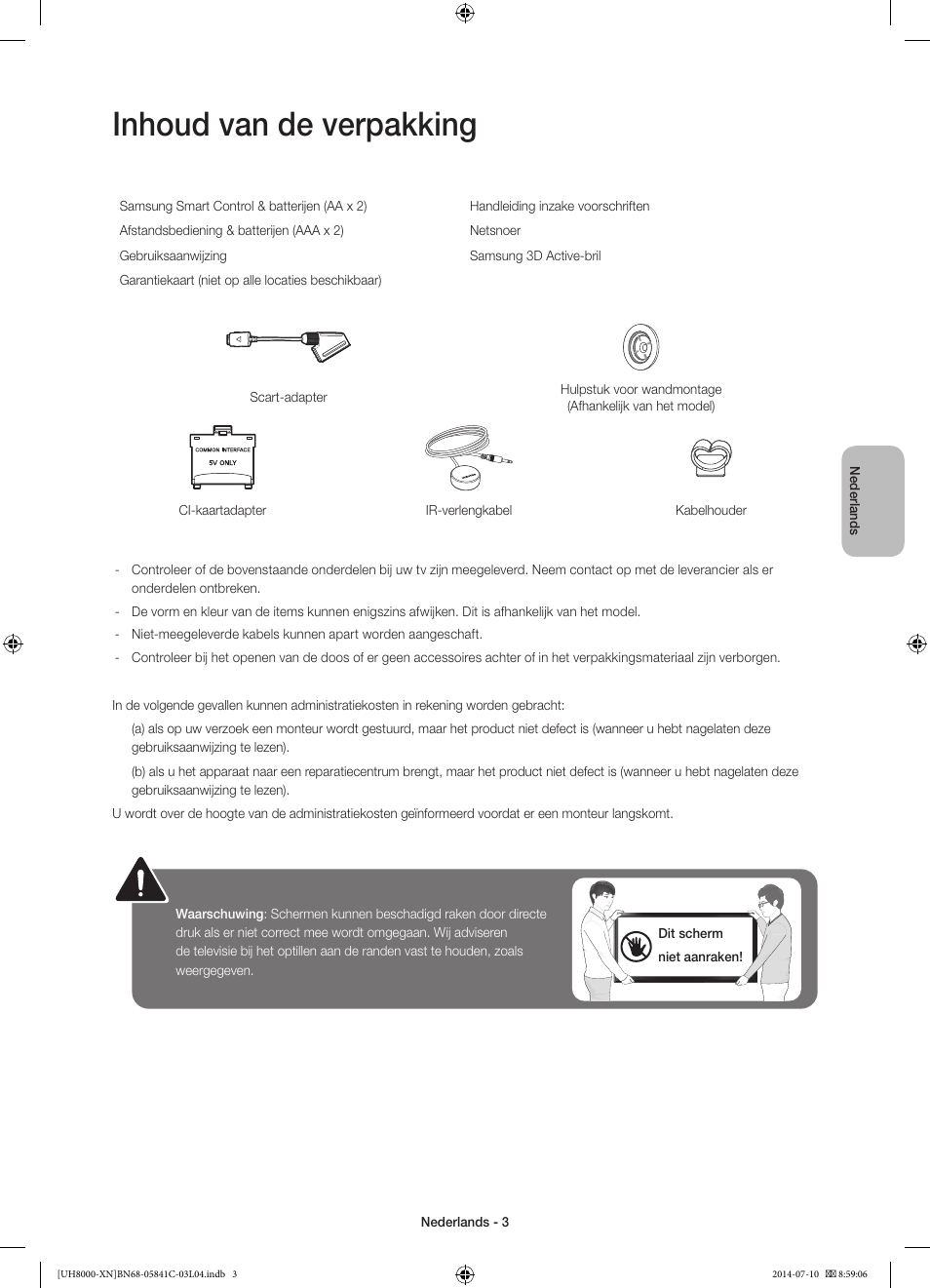 Inhoud van de verpakking | Samsung UE55H8000SL User Manual | Page 69 / 89