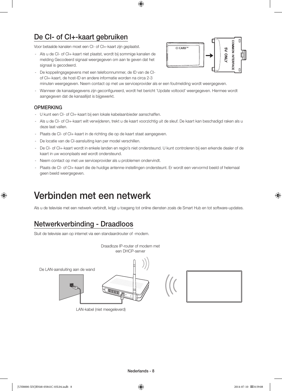 Verbinden met een netwerk, De ci- of ci+-kaart gebruiken, Netwerkverbinding - draadloos | Samsung UE55H8000SL User Manual | Page 74 / 89