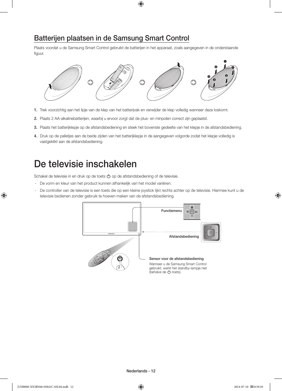 De televisie inschakelen, Batterijen plaatsen in de samsung smart control | Samsung UE55H8000SL User Manual | Page 78 / 89