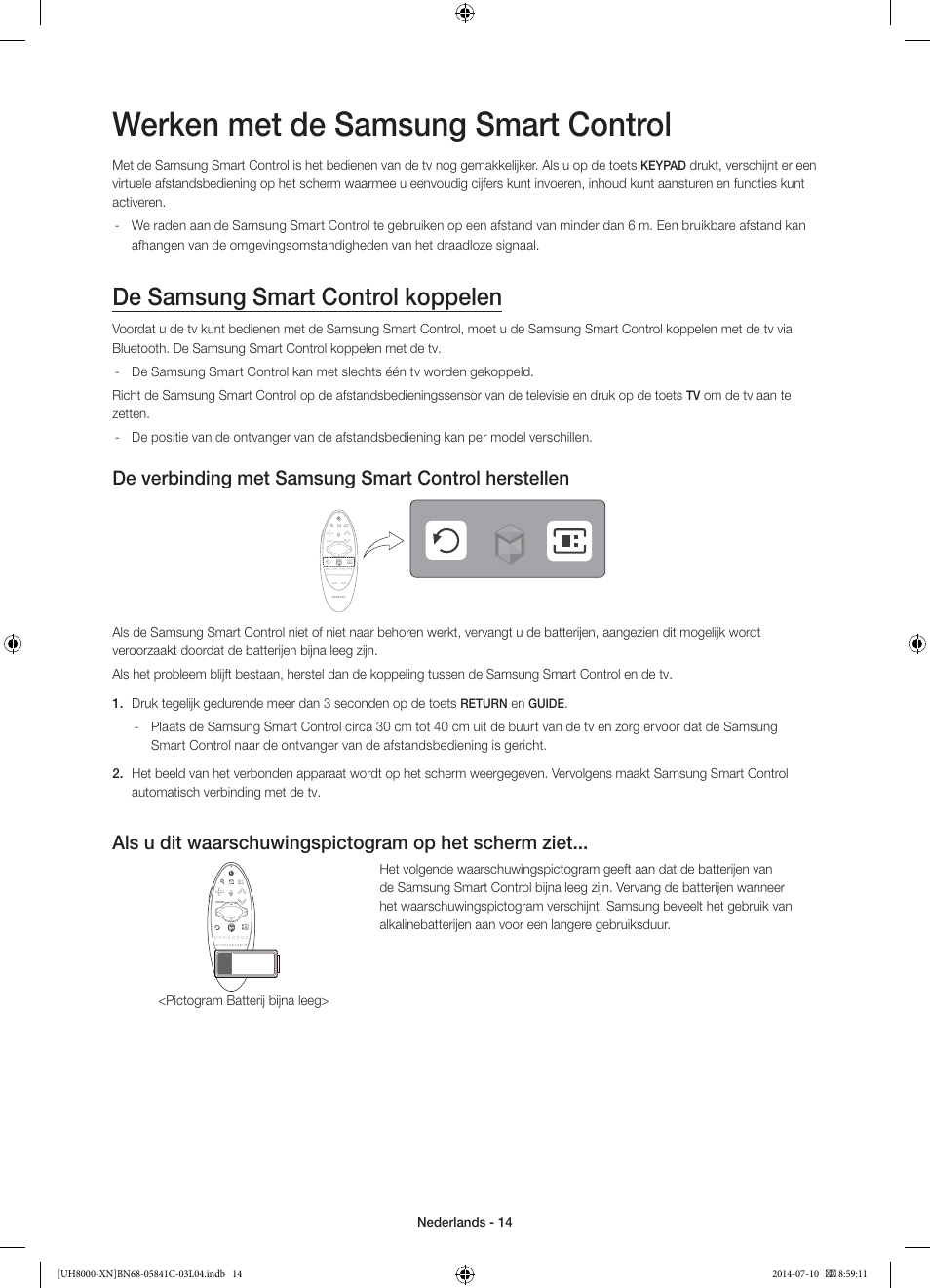 Werken met de samsung smart control, De samsung smart control koppelen, De verbinding met samsung smart control herstellen | Samsung UE55H8000SL User Manual | Page 80 / 89