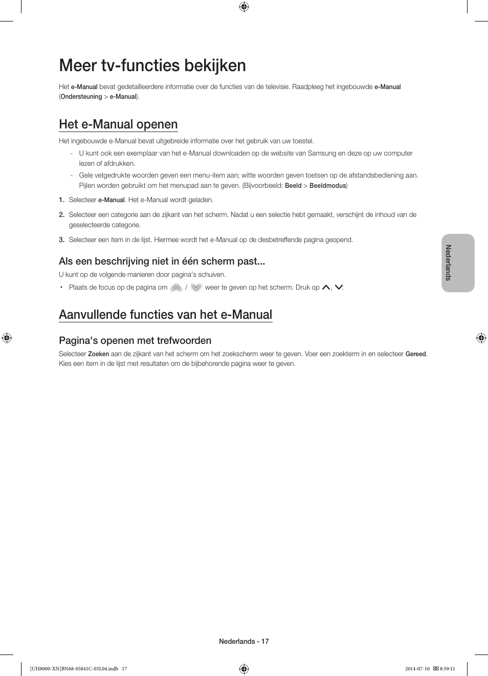 Meer tv-functies bekijken, Het e-manual openen, Aanvullende functies van het e-manual | Als een beschrijving niet in één scherm past, Pagina's openen met trefwoorden | Samsung UE55H8000SL User Manual | Page 83 / 89