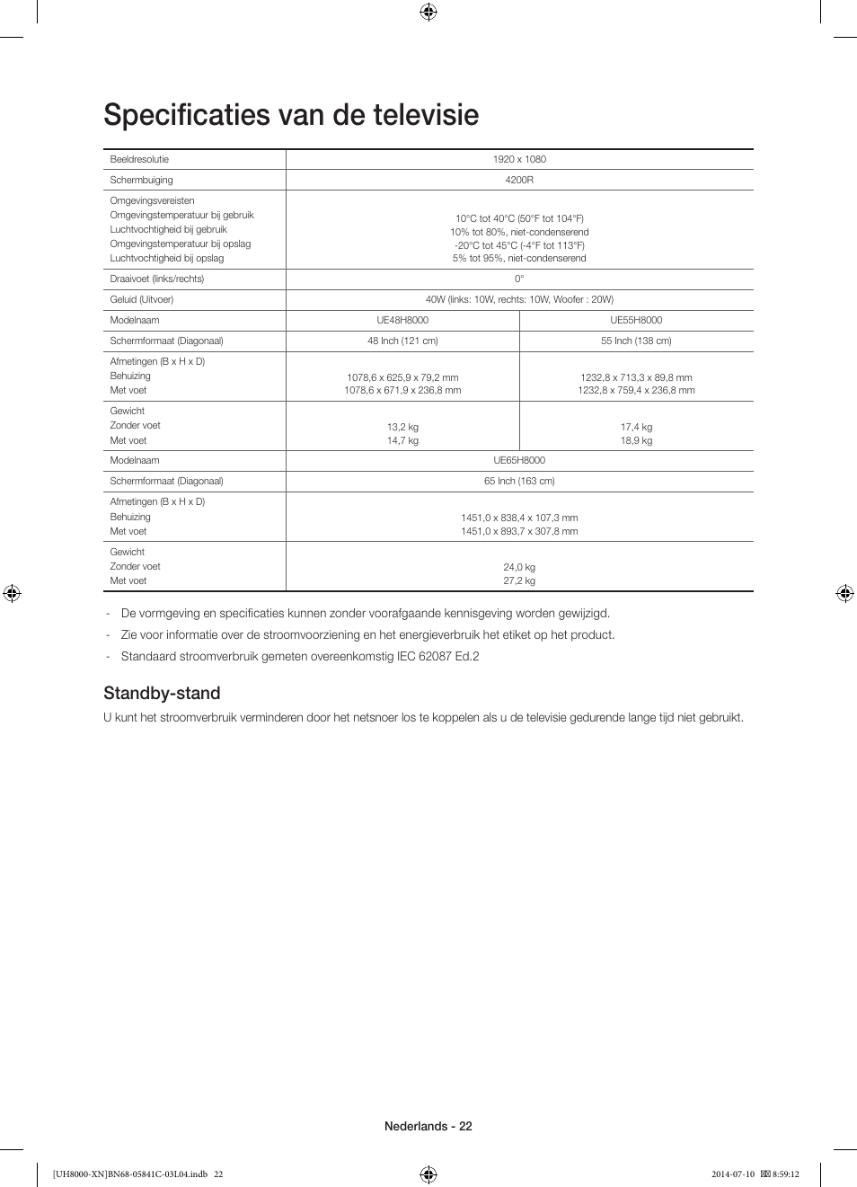 Specificaties van de televisie, Standby-stand | Samsung UE55H8000SL User Manual | Page 88 / 89