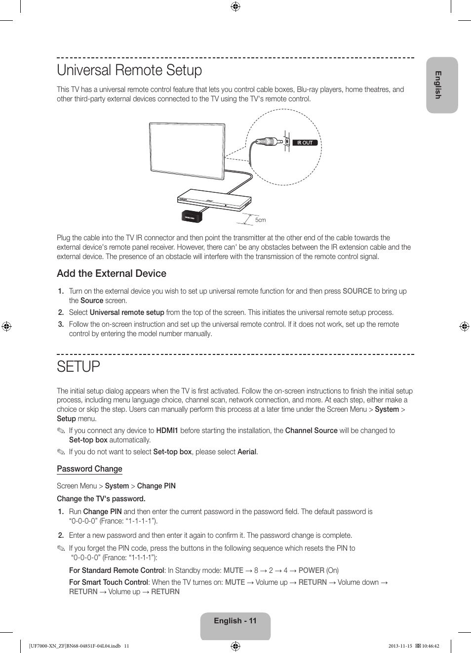 Universal remote setup, Setup, Add the external device | Samsung UE46F7000SL User Manual | Page 11 / 97