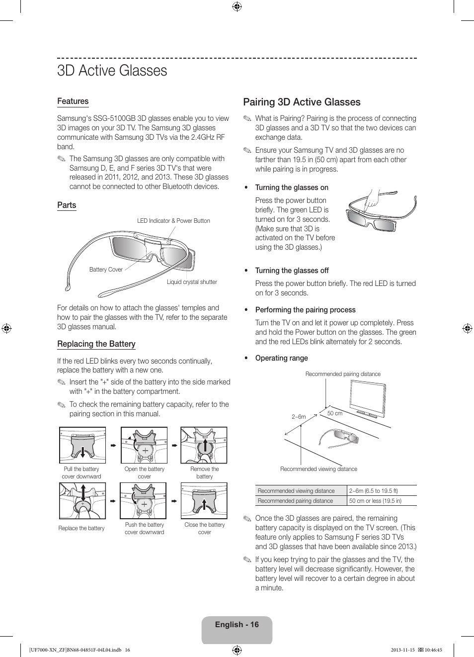 3d active glasses, Pairing 3d active glasses | Samsung UE46F7000SL User Manual | Page 16 / 97