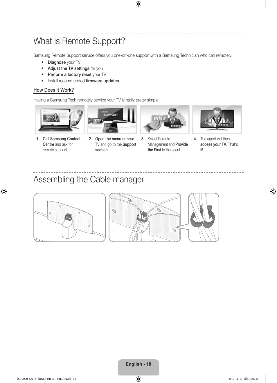 What is remote support, Assembling the cable manager | Samsung UE46F7000SL User Manual | Page 18 / 97