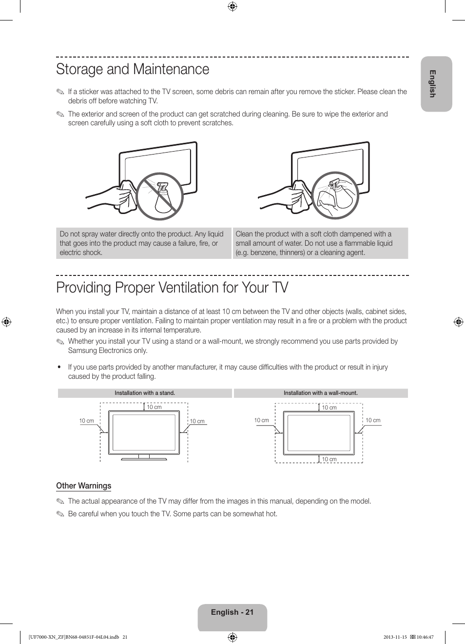 Storage and maintenance, Providing proper ventilation for your tv | Samsung UE46F7000SL User Manual | Page 21 / 97