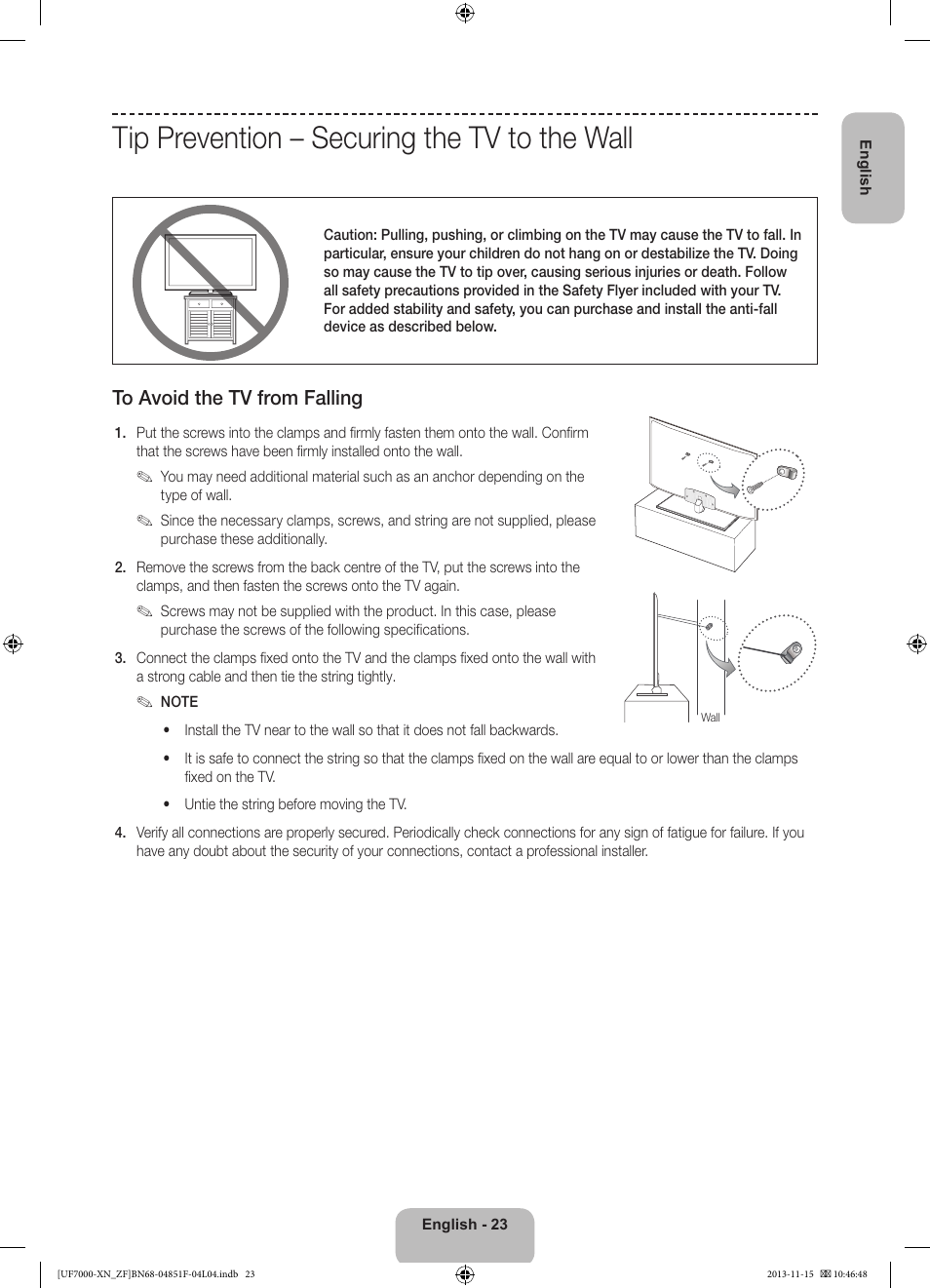 Tip prevention – securing the tv to the wall | Samsung UE46F7000SL User Manual | Page 23 / 97