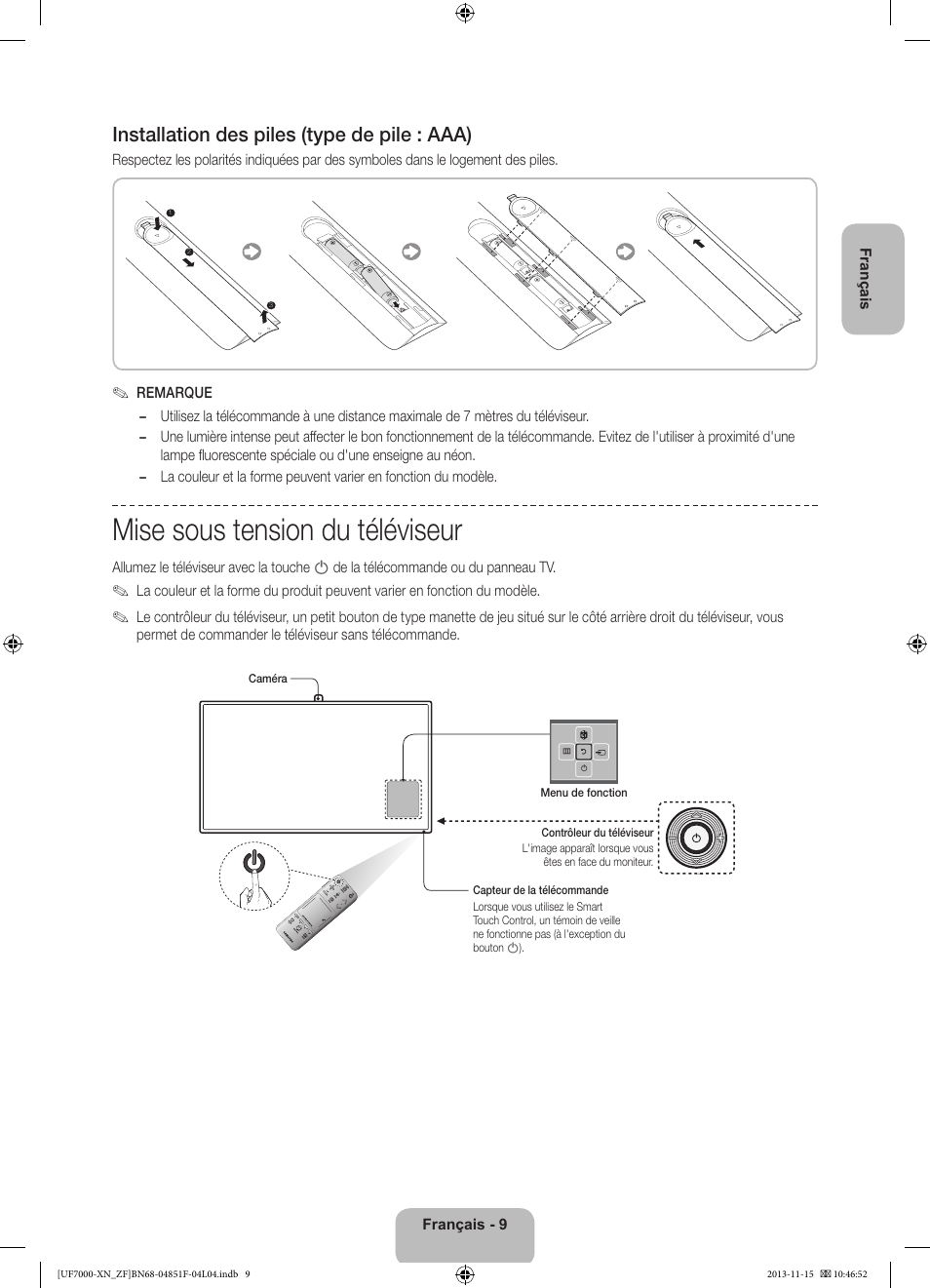 Mise sous tension du téléviseur, Installation des piles (type de pile : aaa) | Samsung UE46F7000SL User Manual | Page 33 / 97