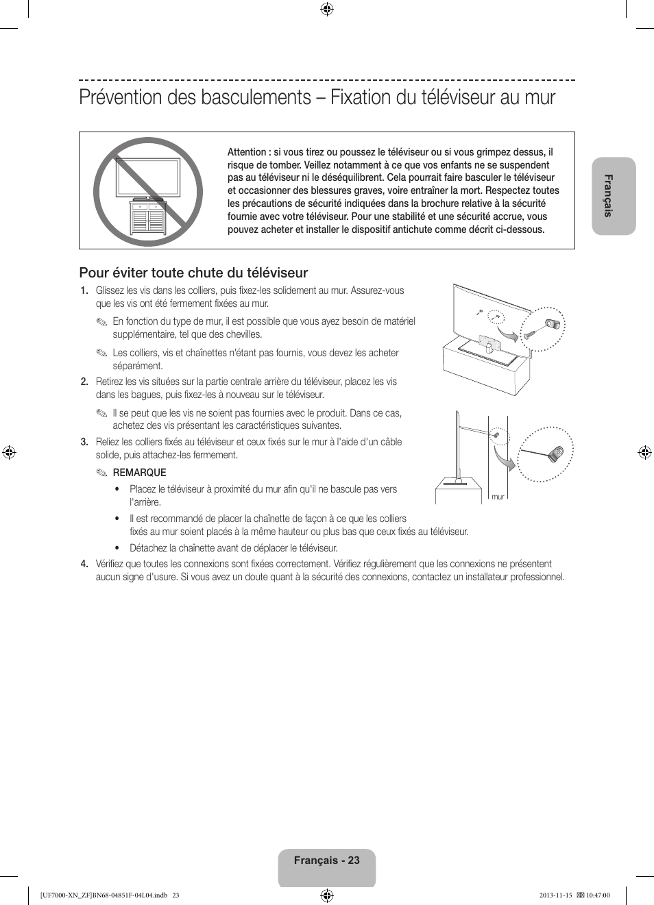 Pour éviter toute chute du téléviseur | Samsung UE46F7000SL User Manual | Page 47 / 97