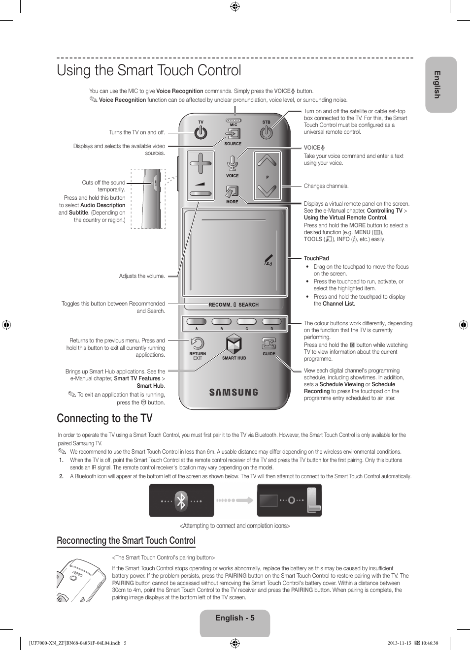 Using the smart touch control, Connecting to the tv, Reconnecting the smart touch control | Samsung UE46F7000SL User Manual | Page 5 / 97