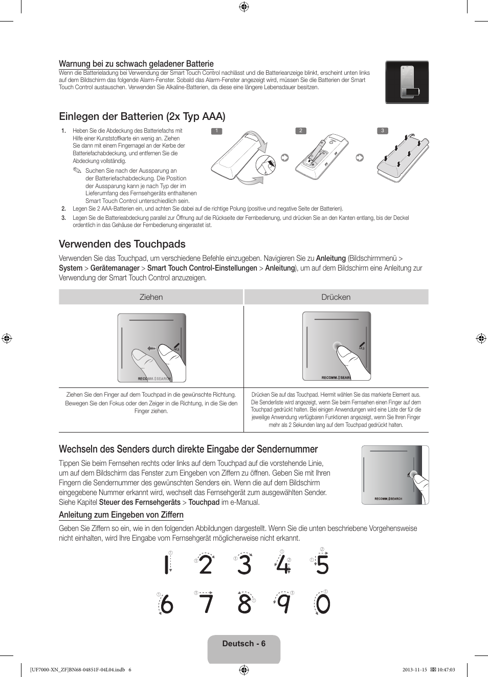 Einlegen der batterien (2x typ aaa), Verwenden des touchpads | Samsung UE46F7000SL User Manual | Page 54 / 97