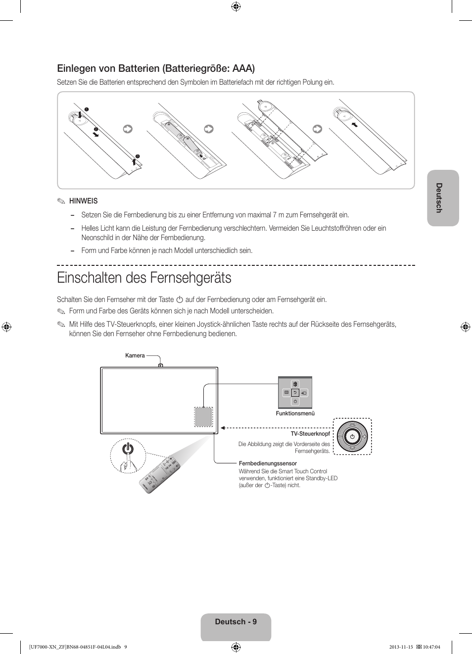 Einschalten des fernsehgeräts, Einlegen von batterien (batteriegröße: aaa) | Samsung UE46F7000SL User Manual | Page 57 / 97