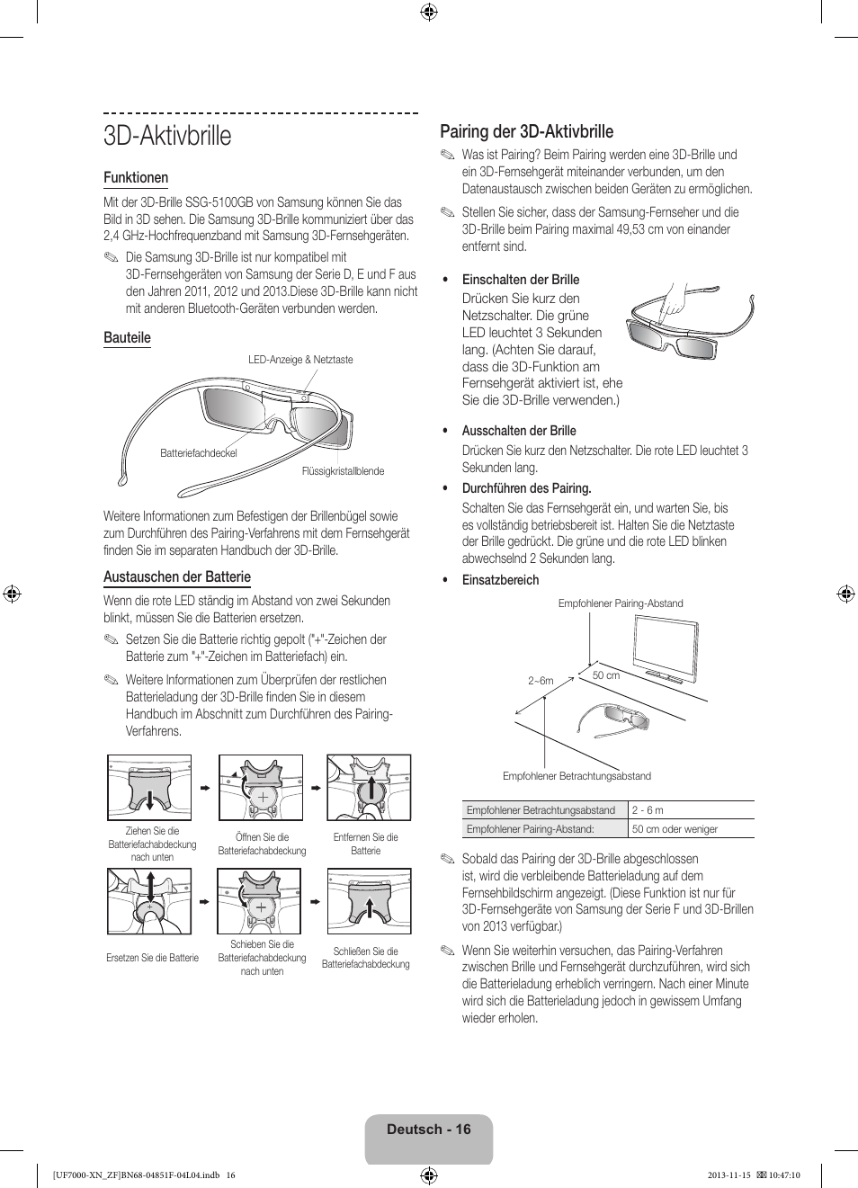 3d-aktivbrille, Pairing der 3d-aktivbrille | Samsung UE46F7000SL User Manual | Page 64 / 97