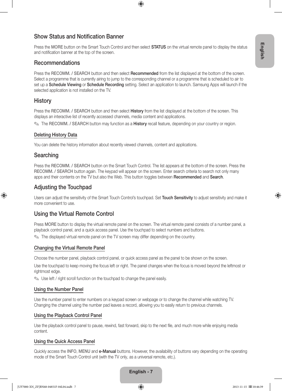 Show status and notification banner, Recommendations, History | Searching, Adjusting the touchpad, Using the virtual remote control | Samsung UE46F7000SL User Manual | Page 7 / 97