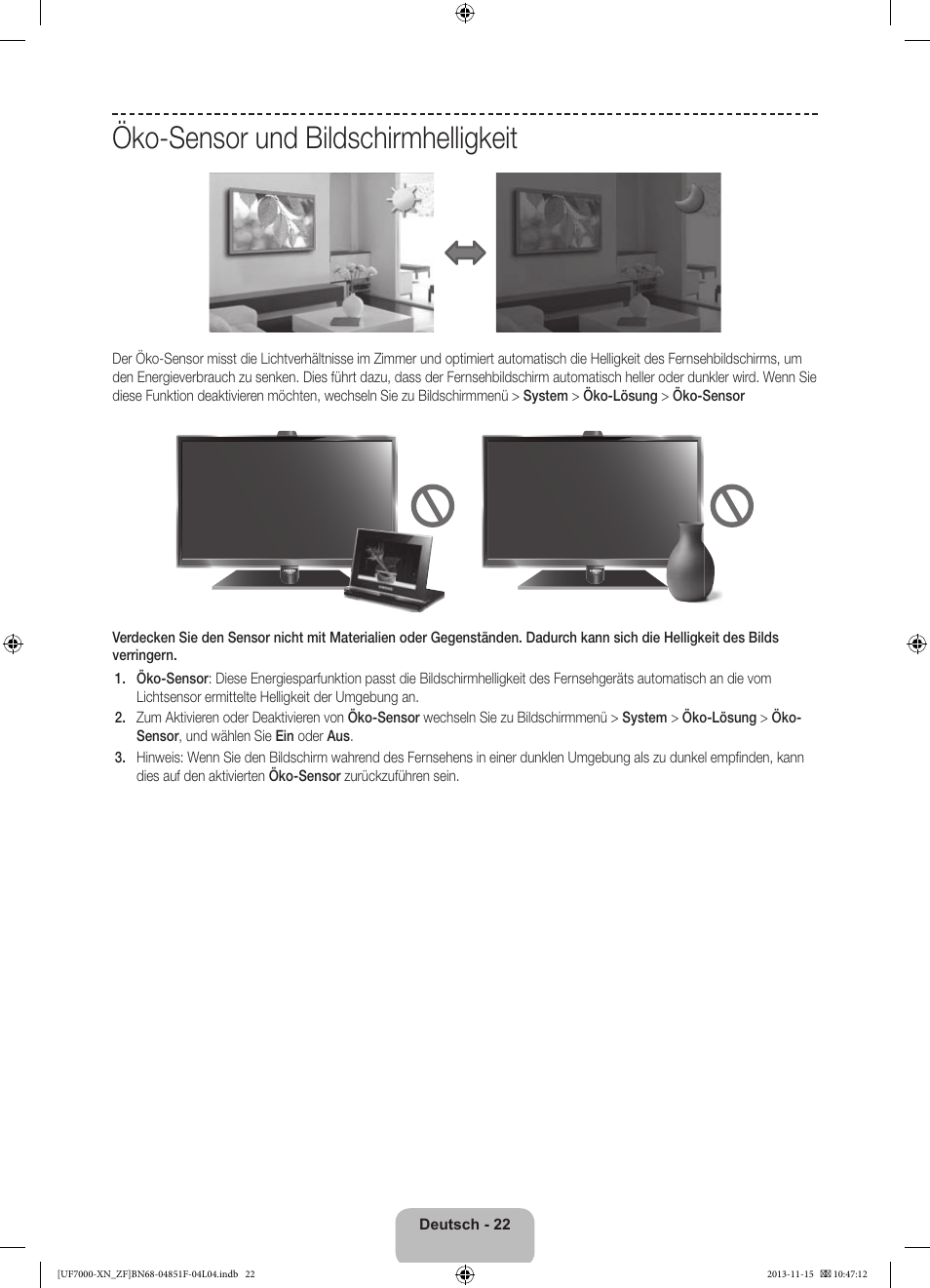 Öko-sensor und bildschirmhelligkeit | Samsung UE46F7000SL User Manual | Page 70 / 97