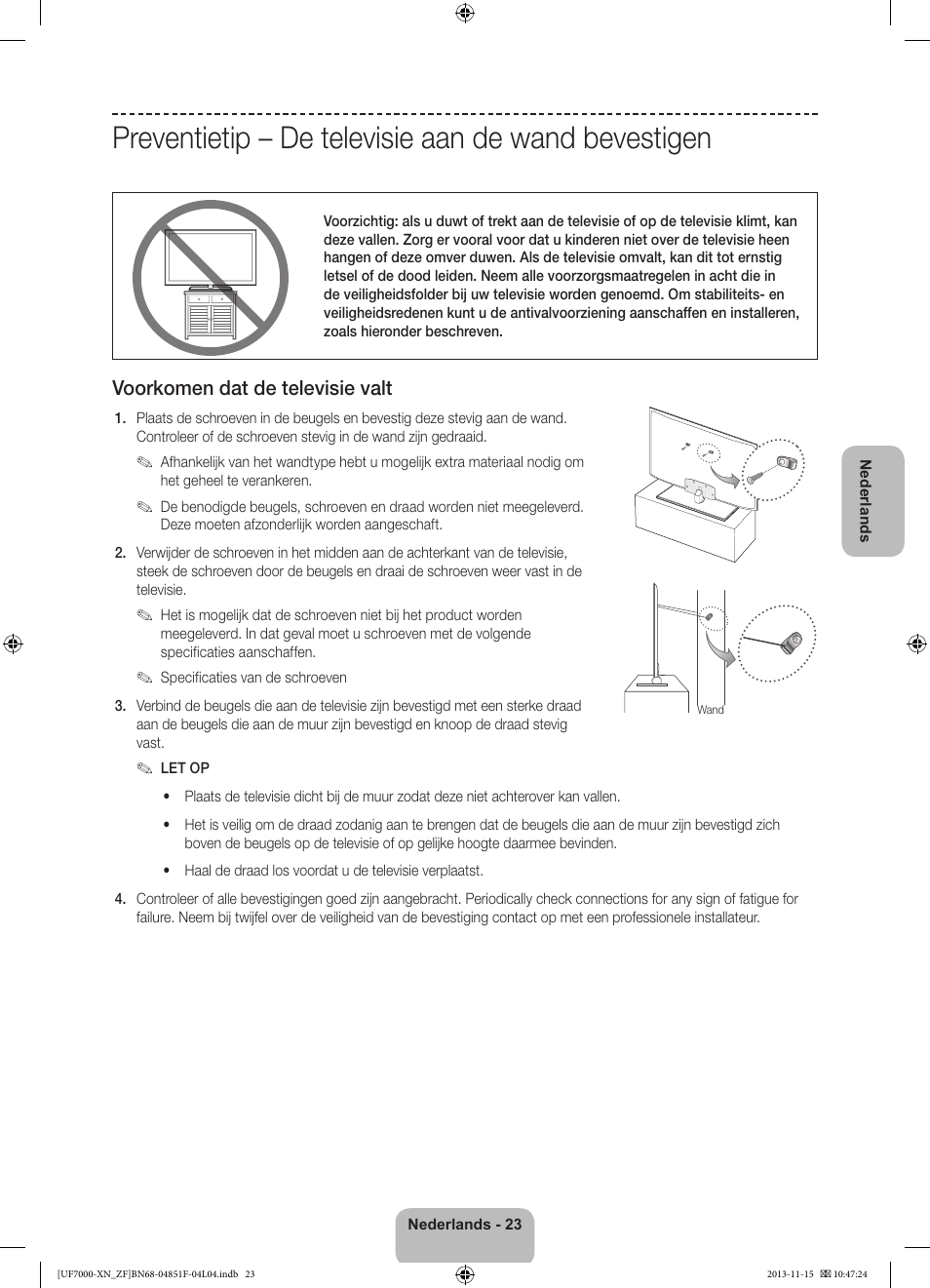 Preventietip – de televisie aan de wand bevestigen, Voorkomen dat de televisie valt | Samsung UE46F7000SL User Manual | Page 95 / 97