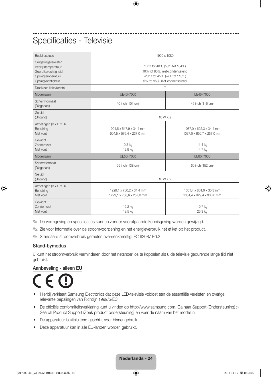 Specificaties - televisie | Samsung UE46F7000SL User Manual | Page 96 / 97