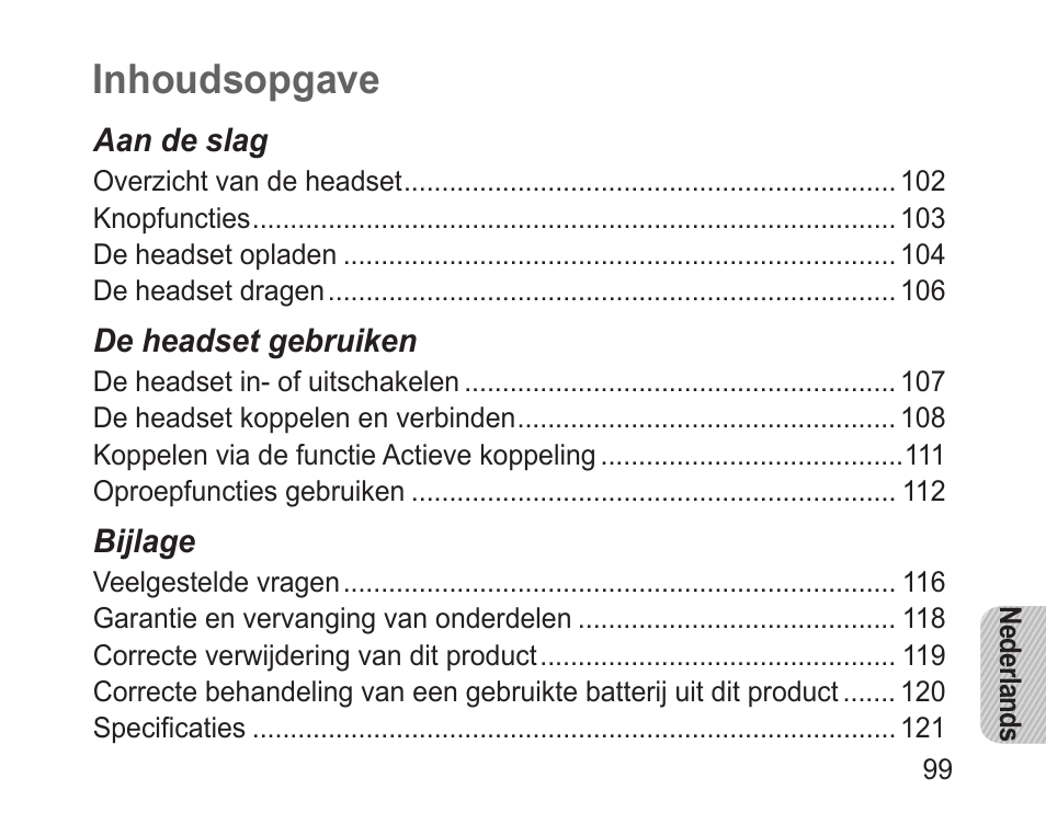 Nederlands, Inhoudsopgave | Samsung BHM1100 User Manual | Page 101 / 125
