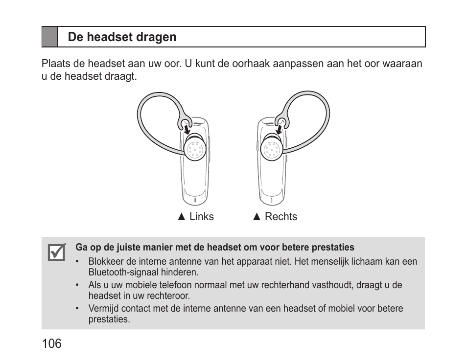 De headset dragen, 106 de headset dragen | Samsung BHM1100 User Manual | Page 108 / 125