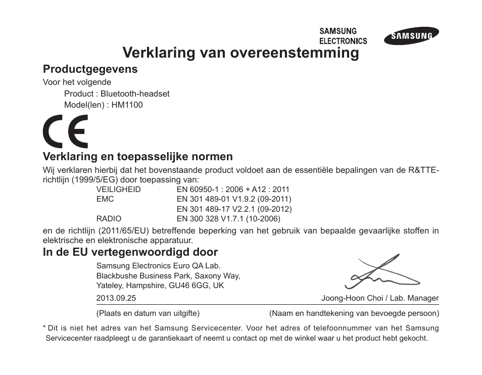Verklaring van overeenstemming, Productgegevens, Verklaring en toepasselijke normen | Samsung BHM1100 User Manual | Page 124 / 125