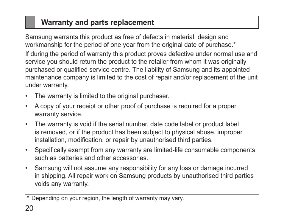 Warranty and parts replacement | Samsung BHM1100 User Manual | Page 22 / 125