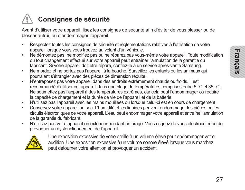 Français 27 consignes de sécurité | Samsung BHM1100 User Manual | Page 29 / 125