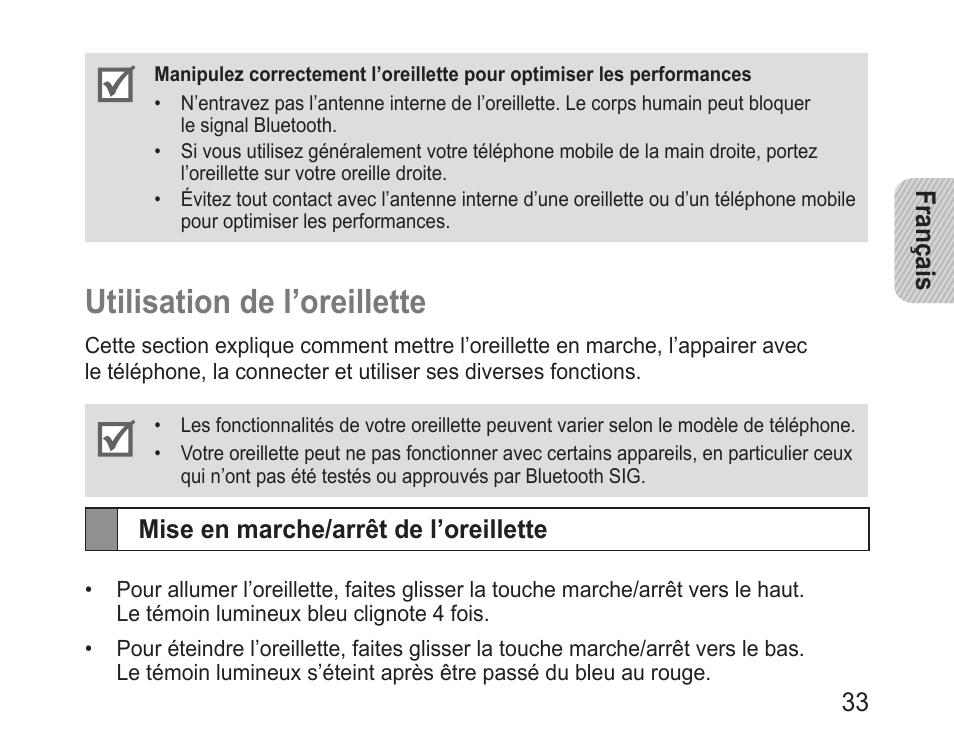 Utilisation de l’oreillette, Mise en marche/arrêt de l’oreillette | Samsung BHM1100 User Manual | Page 35 / 125