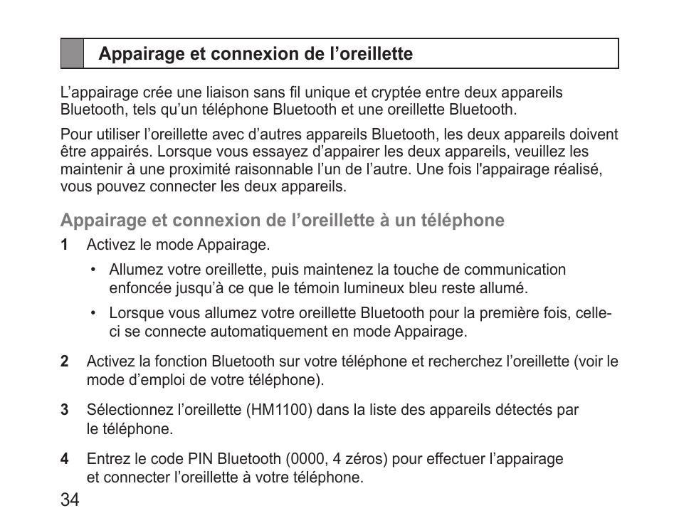 Appairage et connexion de l’oreillette | Samsung BHM1100 User Manual | Page 36 / 125